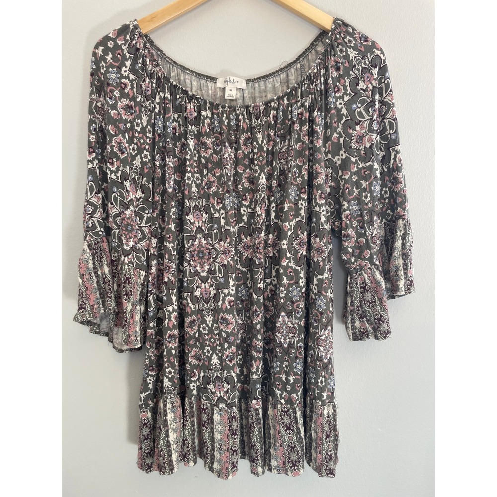 Style & Co Boho Floral Bell Sleeve Ruffle Peplum Tunic Top Womens 3X  Peasant